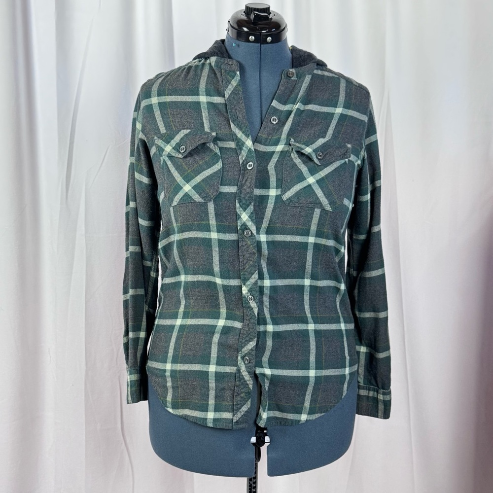 Green and Gray Soft Plaid Hooded Shirt with Relaxed Fit